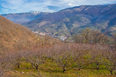 Navaconcejo Nogaleas vadisinden görüldü. Jerte Valley, Caceres, Extremadura, İspanya 'nın kış manzarası