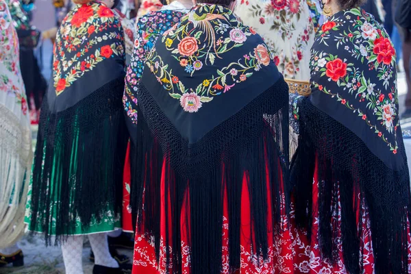 Caceres Spanje Jan 2022 Vrouw Traditionele Extremistische Jurk Shawl Detail — Stockfoto