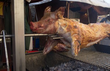 Bütün domuz ortaçağ usulü kızartılıyor. Seçici odak