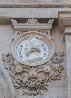 Madrid, Spain - March 6th, 2021: Francisco de Quevedo medallion at National Library of Spain, Madrid. Spanish writer of the Baroque era