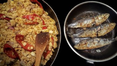 İki tavada kızartılmış sardalya ile pişirilmiş Sapnish migas. Yüksek görünüm açısı
