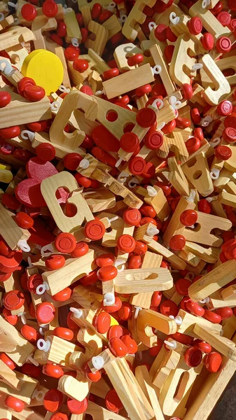 Pile Wooden Toy Train Letter Shaped Overhead View — Stok fotoğraf