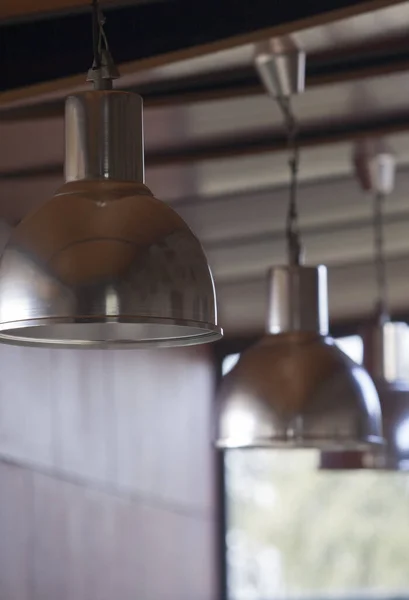 Line Industrial Hanging Lamps Selective Focus — Stock Photo, Image