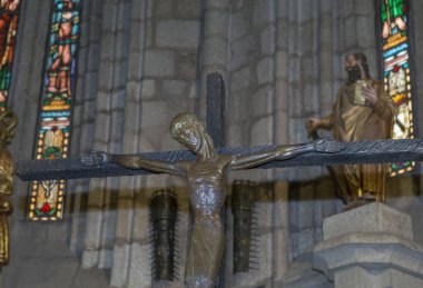 Plasencia, İspanya - 21 Mayıs 2022: Saint Nicholas Kilisesi 'nde Ortaçağ İsa' sı, Plasencia Eski Kasabası, Caceres, Extremadura, İspanya