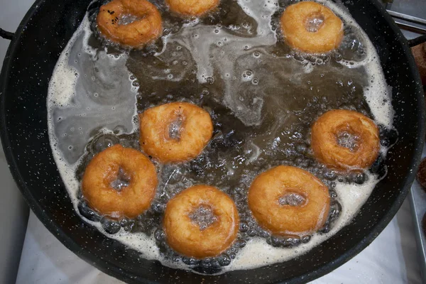 Elaboration Process Spanish Typical Fried Donuts Roscas Fritas Overhead View — Stock Photo, Image