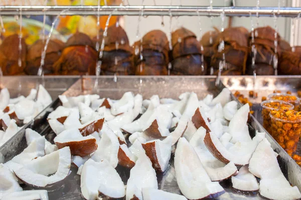 Fresh Coconut Slices Water Drops Falling Pieces Displayed Street Market — Stock Photo, Image