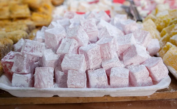 Traditional Rose Flavoured Turkish Delights Items Displayed Street Market Stall — Stock Photo, Image