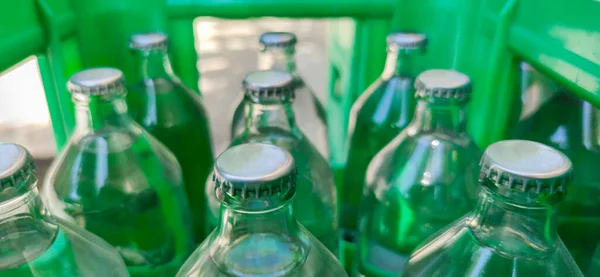 Glass Bottled Water His Box Selective Focus — Foto de Stock