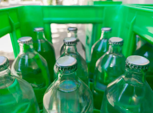 Glass Bottled Water His Box Selective Focus — Foto Stock