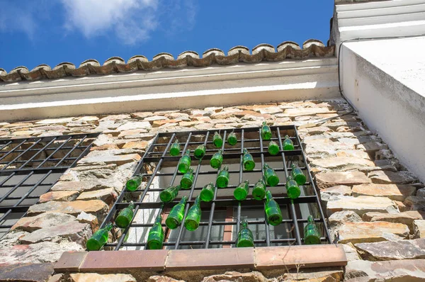 Rural Residence House Window Decorared Hanging Green Glass Bottles Low — ストック写真