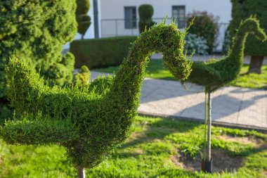 Green birds sculptures, the most distinctive image of the town. Losar de la Vera, Caceres, Extremadura, Spain