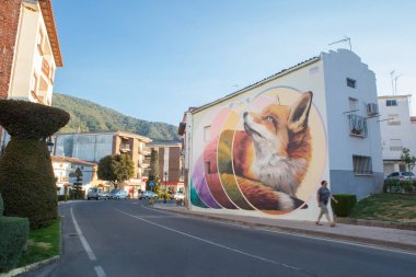 Losar, Spain - August 23th, 2022: Graffiti decorated wall depicting a fox at Losar de la Vera, Caceres, Extremadura, Spain