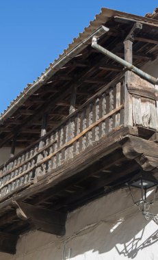 Old wooden balcony at Losar de la Vera architecture. Caceres, Extremadura, Spain