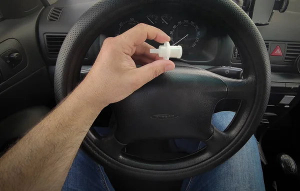 Driver Holds Breathalyzer Mouthpiece Sitting Car Point View Shot — Zdjęcie stockowe