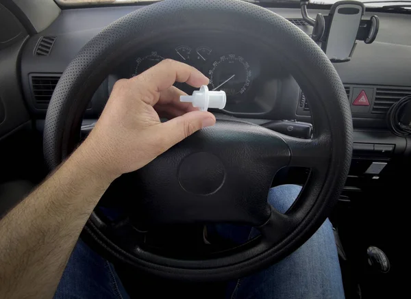 Driver Holds Breathalyzer Mouthpiece Sitting Car Point View Shot — Zdjęcie stockowe