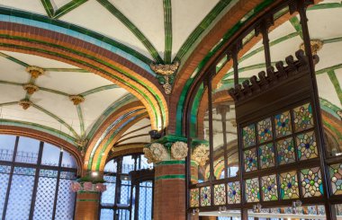 Barcelona, Spain - Dec 29th, 2019: Palace of Catalan Music or Palau de la Musica Catalana. Cafe building