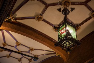 Barcelona, Spain - Dec 29th, 2019: Palace of Catalan Music or Palau de la Musica Catalana. Cafe building. Lantern