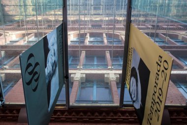 Barcelona, Spain - Dec 29th, 2019: Palace of Catalan Music or Palau de la Musica Catalana. Artist billboard