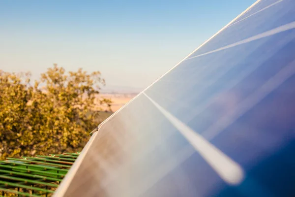 Zonnepaneel Bij Zonsondergang Het Item Geïnstalleerd Het Platteland Landgoed Selectieve — Stockfoto