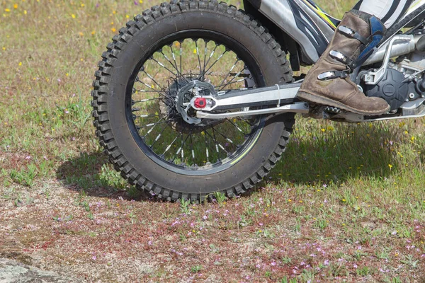 Bakhjul Provmotorcykel Trial Motobike Delar Närbild — Stockfoto