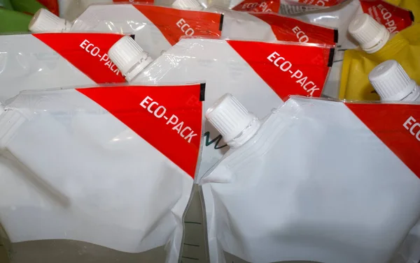 Bolsas Lavado Manos Líquidas Con Formato Eco Pack Primer Plano — Foto de Stock