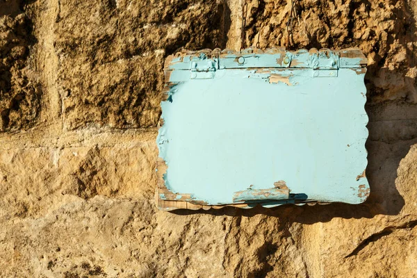 Old Shabby Plank Painted Blue Background Stone Wall — Stock Photo, Image