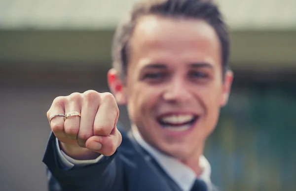 Happy Groom showing Wedding Ring — Stock Photo, Image