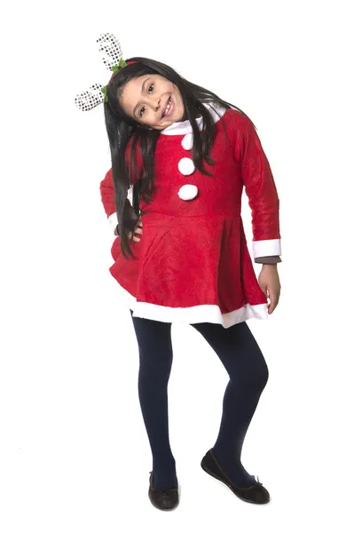 Menina em traje de Papai Noel e chifres de rena — Fotografia de Stock