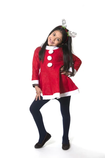 Bambina in costume da Babbo Natale e corna di renna — Foto Stock