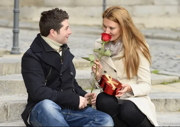 Romantic couple in love celebrating anniversary — Stock Photo, Image