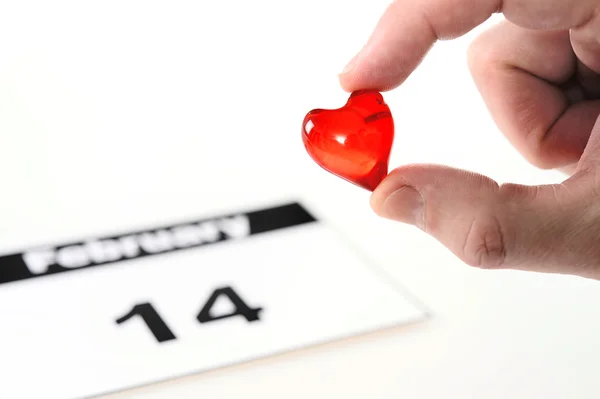 Valentines Hari kalender halaman dengan manusia memegang hati merah kecil — Stok Foto