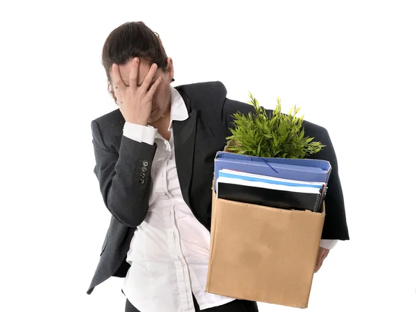 Angry Business Woman carrying Cardboard Box fired from Job — Stock Photo, Image