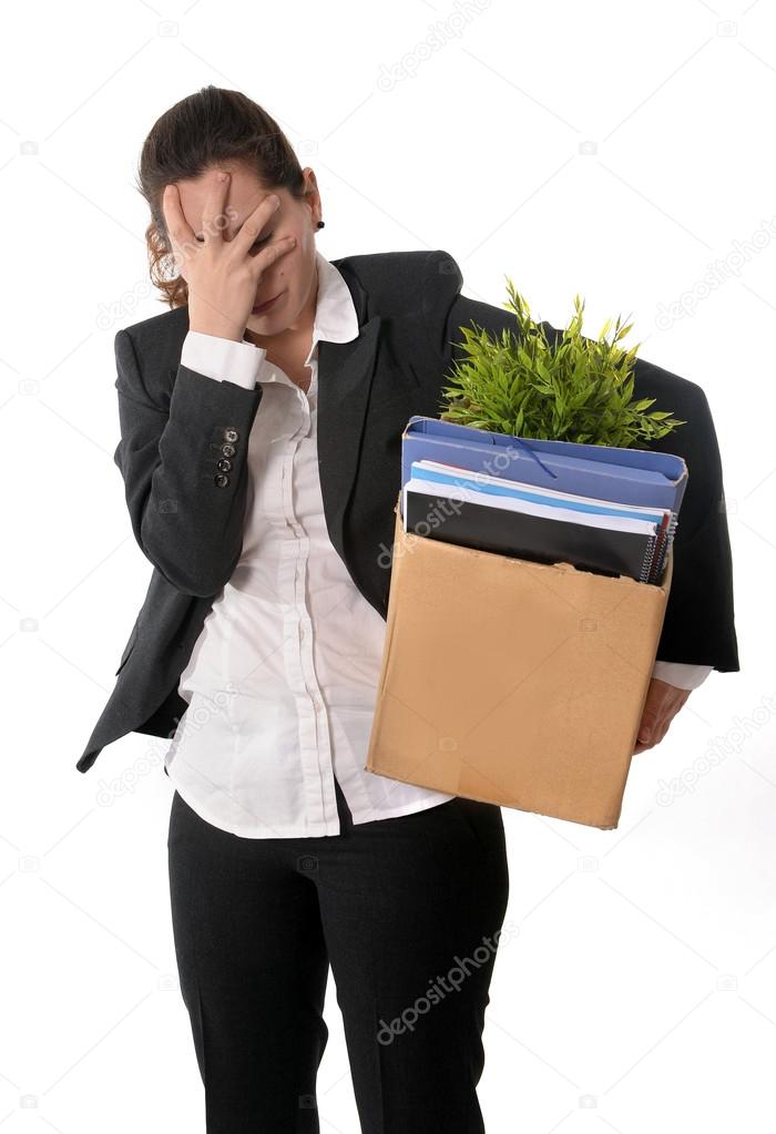Angry Business Woman carrying Cardboard Box fired from Job
