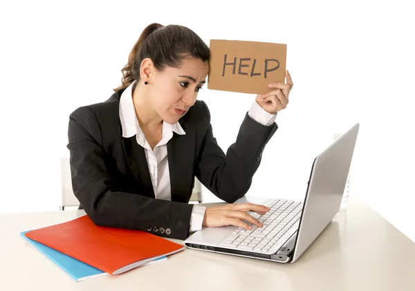Busy business woman working on her laptop help sign — Stock Photo, Image