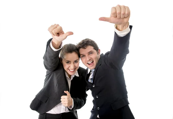 Hombre y mujer de negocios dando pulgares arriba fondo blanco —  Fotos de Stock