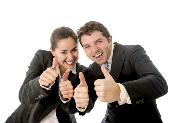 Hombre y mujer de negocios dando pulgares arriba fondo blanco — Foto de Stock