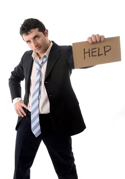 Stressed business man holding help sign — Stock Photo, Image