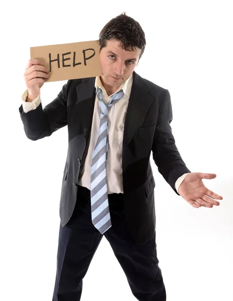 Zdůraznil obchodní muž drží ceduli pomoc — Stock fotografie