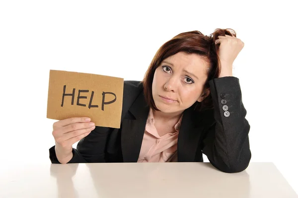 Triste negocio pelirroja mujer en el estrés en el trabajo pidiendo ayuda — Foto de Stock