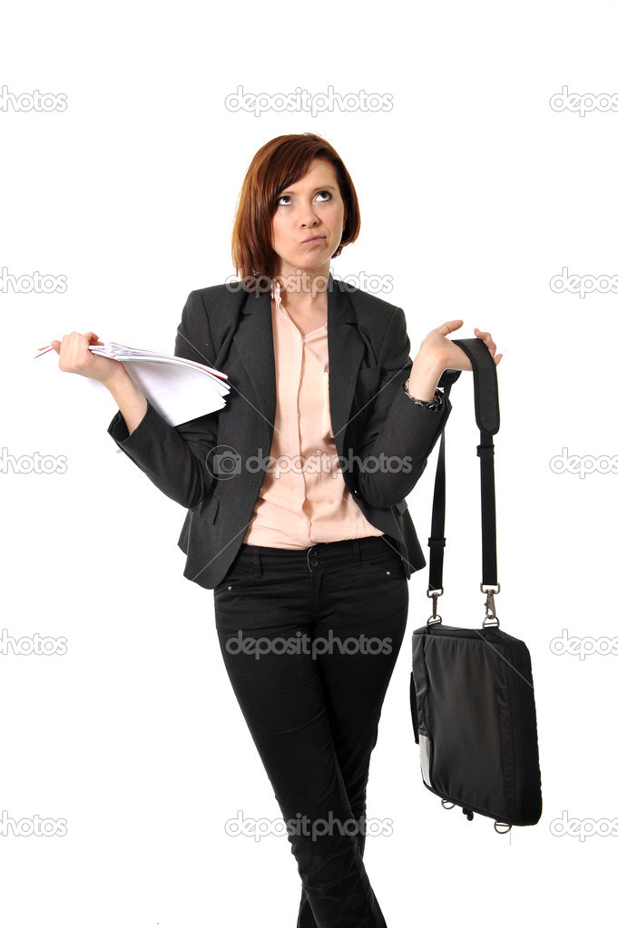 doubtful business woman or student with portfolio standing and thinking