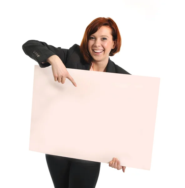 Mujer de negocios ocupada feliz sosteniendo cartel de cartón como espacio de copia —  Fotos de Stock