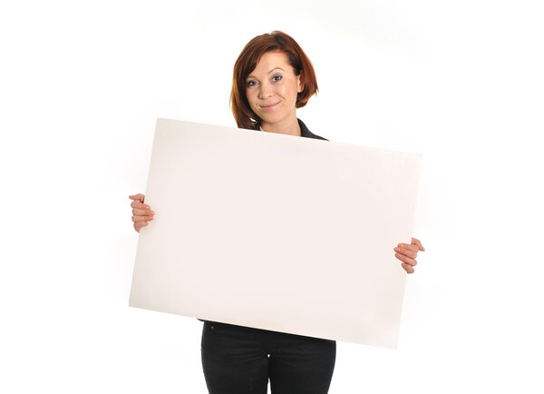 happy busy business woman holding cardboard sign as copy space