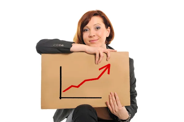 Happy busy business woman holding growth sales graph — Stock Photo, Image