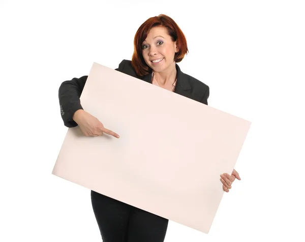 Happy busy business woman holding cardboard sign as copy space — Stock Photo, Image