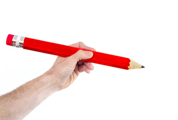 Hand writting with huge red pencil copy space on white background — Stock Photo, Image