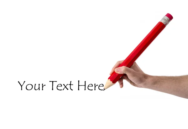 Hand writting with huge red pencil copy space on white background — Stock Photo, Image