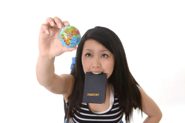 Asian chinese traveler holding passport search destination — Stock Photo, Image