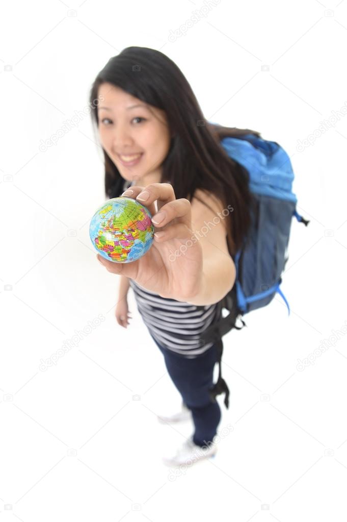 Asian chinese traveler woman with backpack holding world globe
