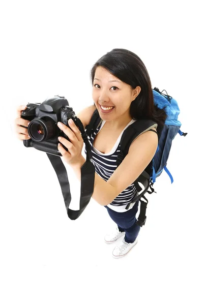 Asian chinese tourist woman with backpack holding photographic c — Stock Photo, Image