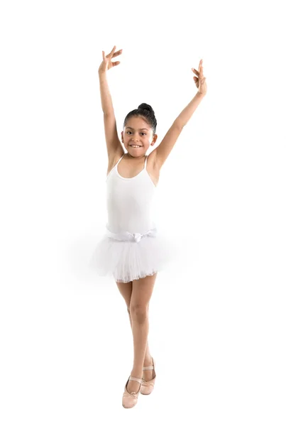 Młody ładny mały dziewczyna tancerz taniec na białym tle — Zdjęcie stockowe